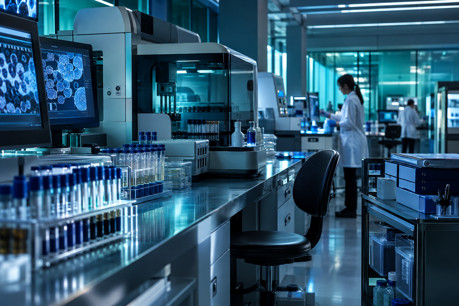 Modern clinical laboratory setting with diagnostic instruments, representing the CLIA certification workflow