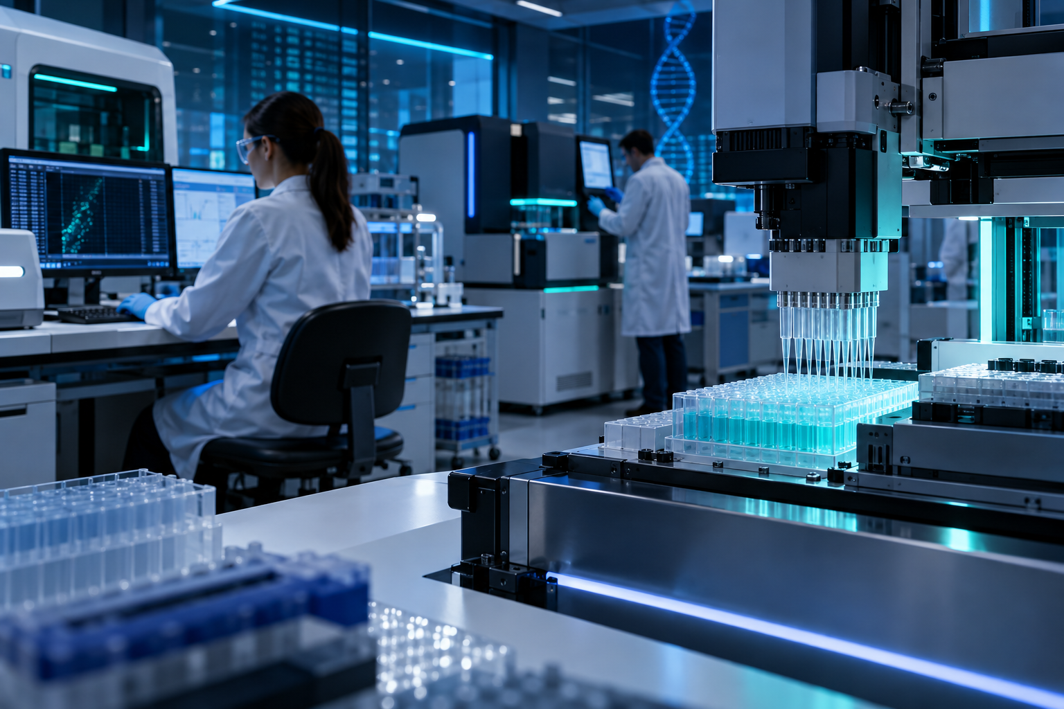 Clinical laboratory bench equipped with next-generation sequencing and PCR platforms for molecular diagnostic testing