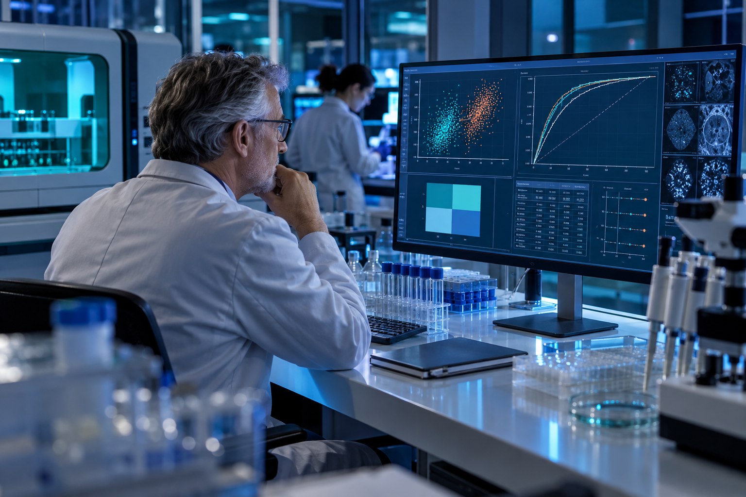 Clinical diagnostic test validation showing sensitivity vs specificity analysis on a laboratory monitor
